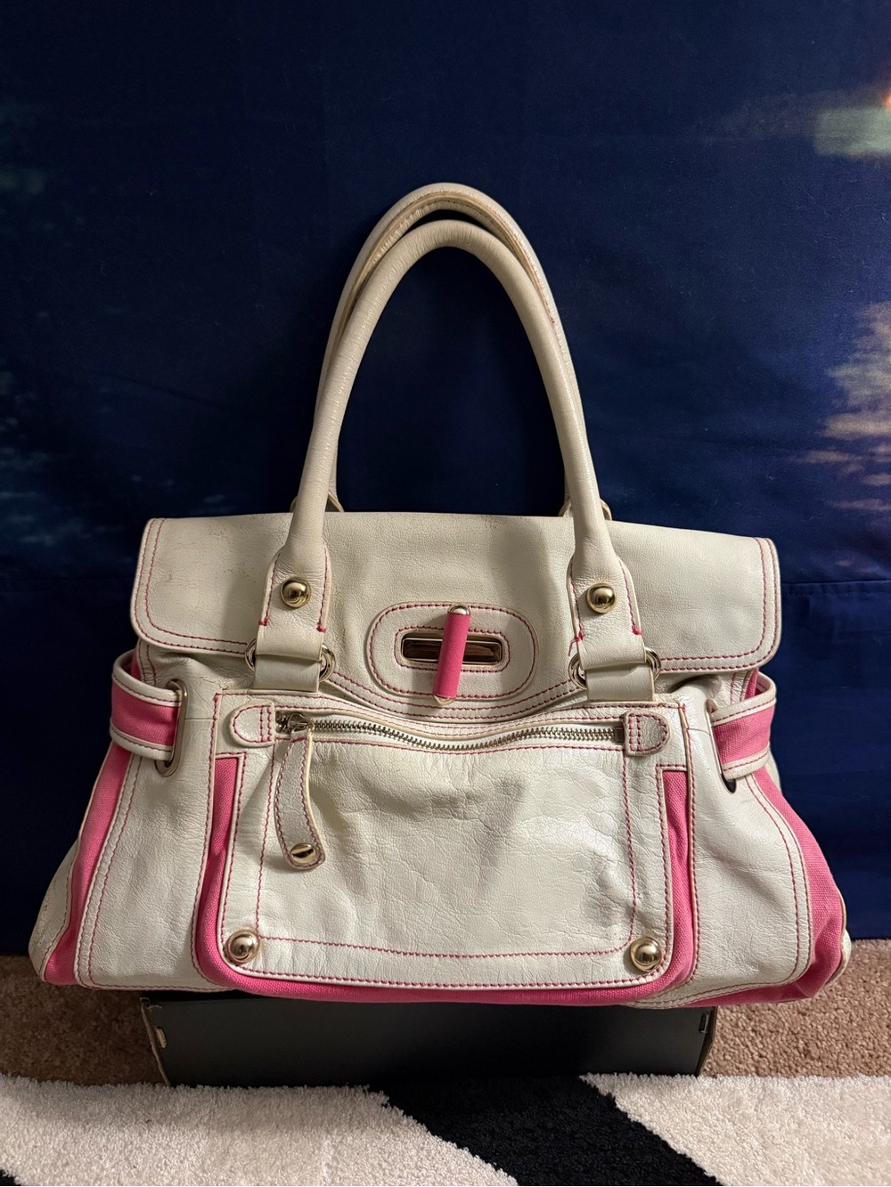 HYPE Karlie Genuine Leather Satchel Cream and Pink Leather Handbag